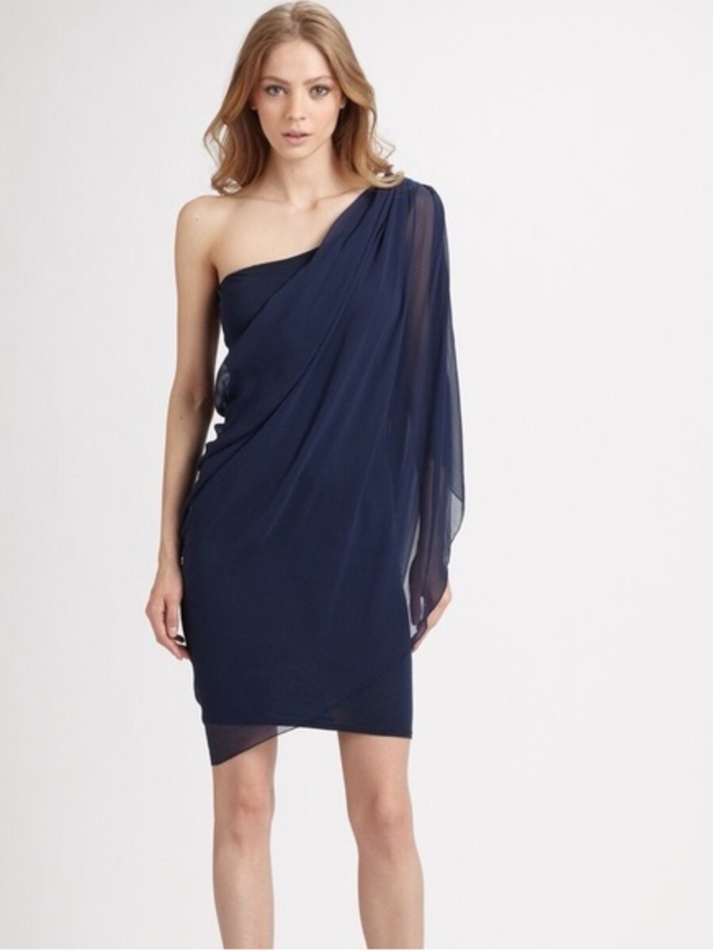 Alice + Olivia One-Shoulder Navy Silk Sheath Dress